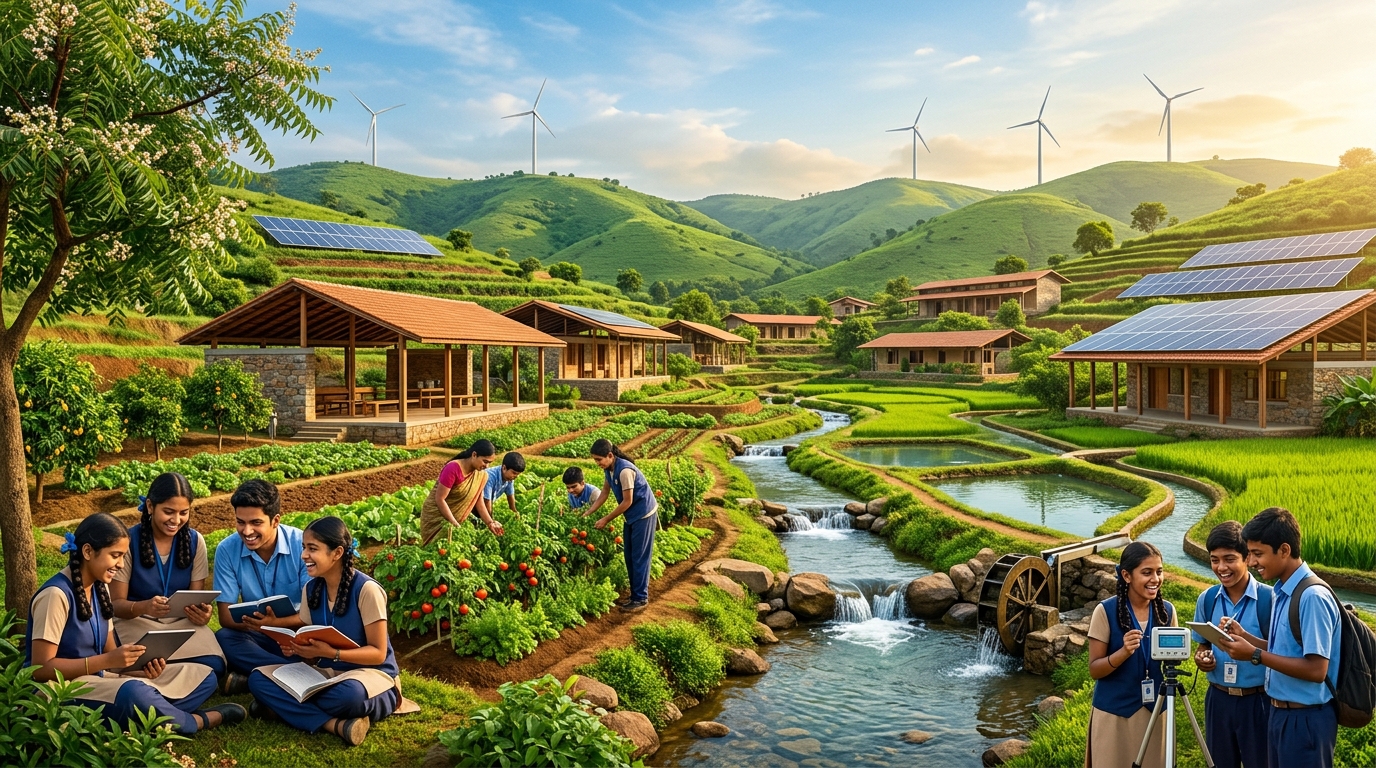 Illustration of the APILS eco-campus among green hills, with student-tended farms, solar panels, wind turbines, a stream with a waterwheel, and students studying outdoors