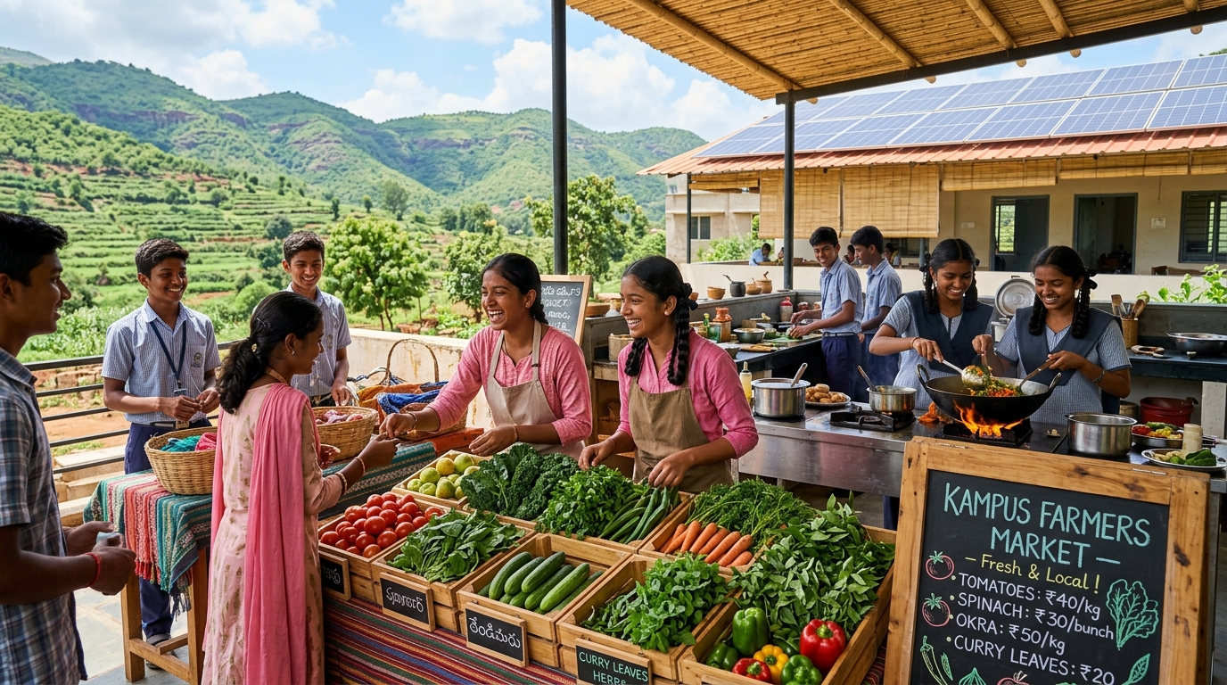 Students running a campus farmers market with fresh produce and chalkboard prices