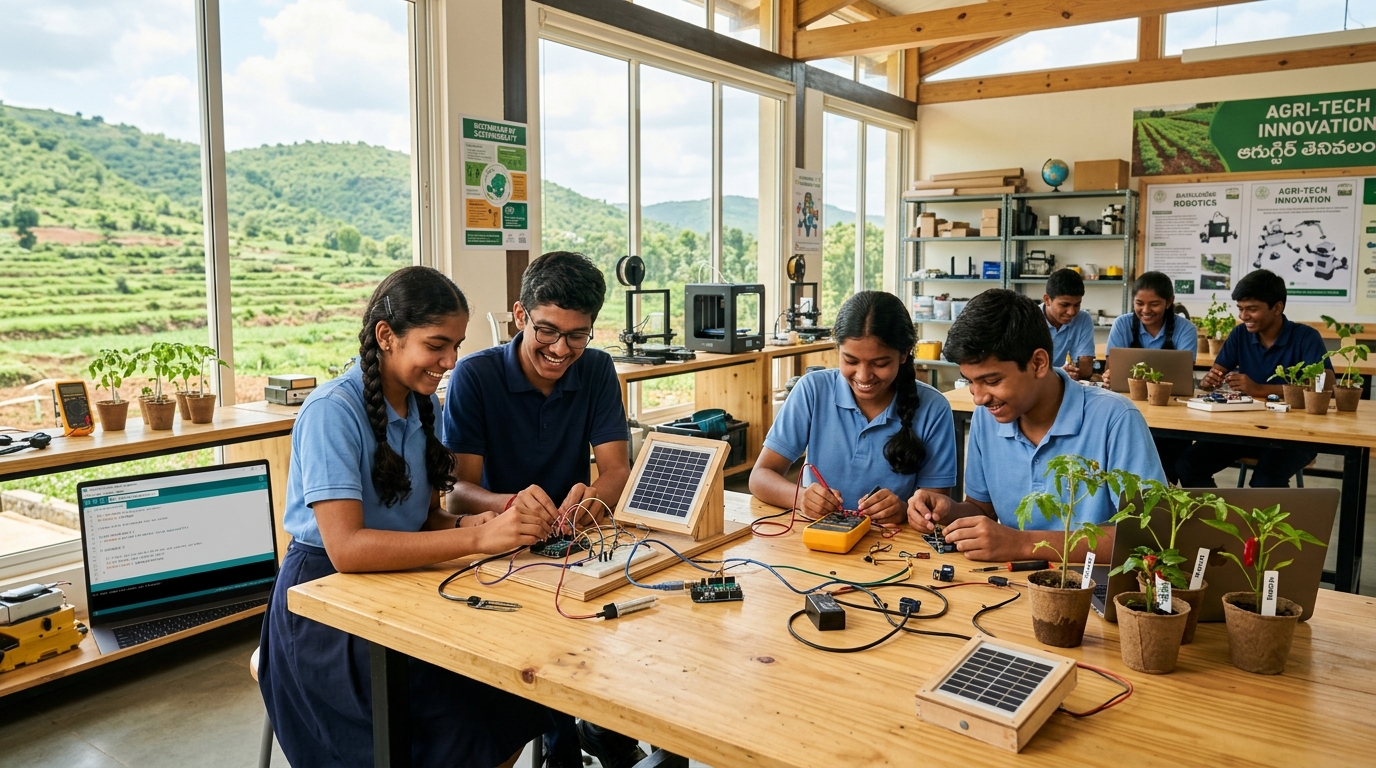 Students in an open workshop assembling solar panels, microcontrollers and IoT soil sensors